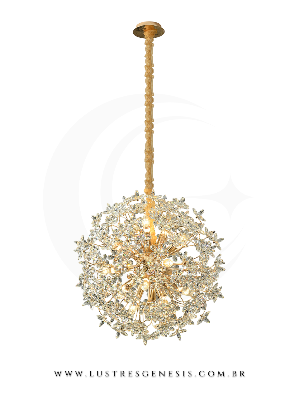 Lustre Pendente de Cristal Moderno DCD06248 Dourado E14 70x70cm, Sala de Jantar, Mesa Sala de Jantar, Quarto Casal, Sala de Estar
